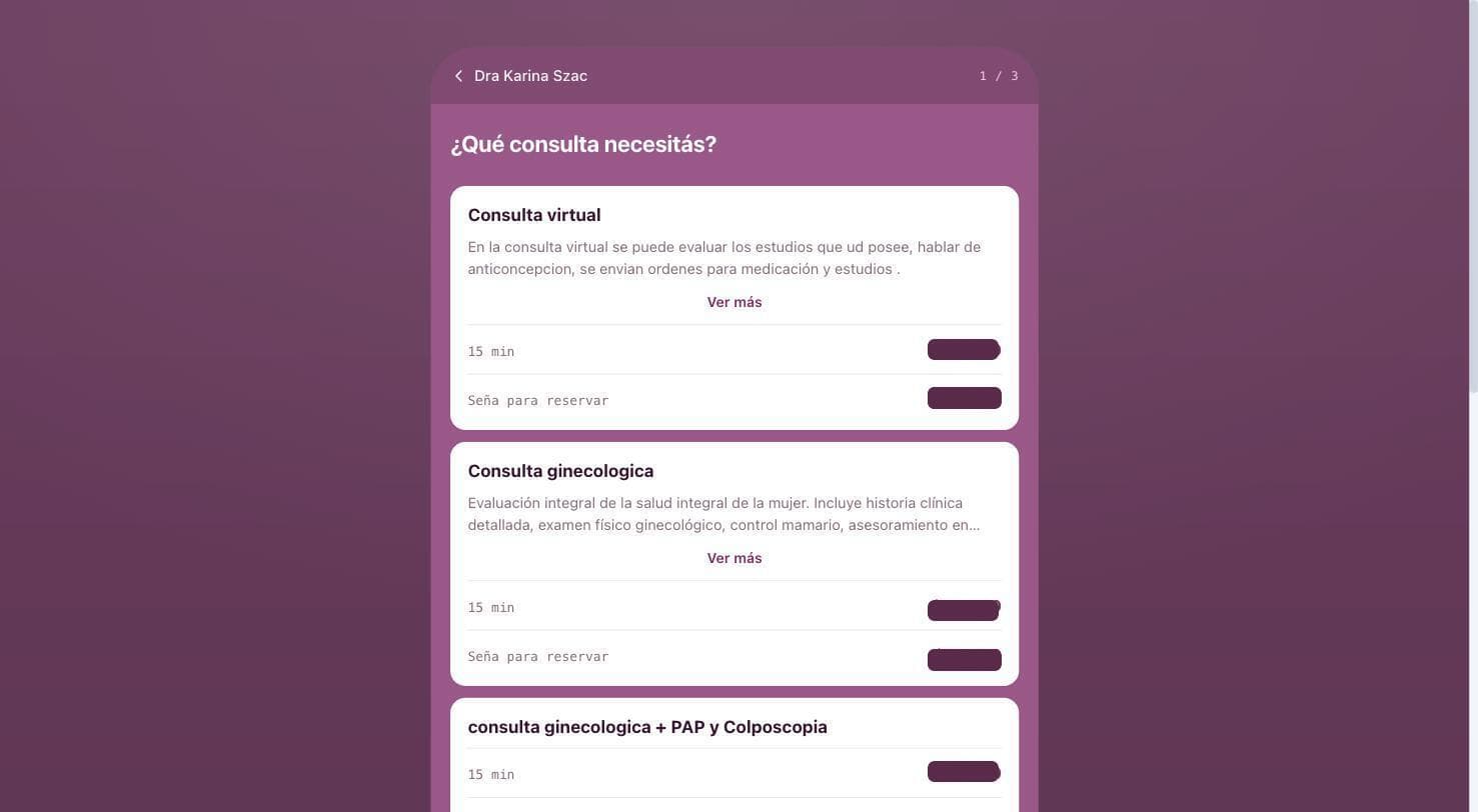 Lista de servicios con duración, precio de la consulta y monto de la seña para reservar